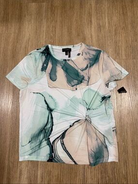 Donna Karan Mint, Beige & Teal Abstract Knot-Front Tee M